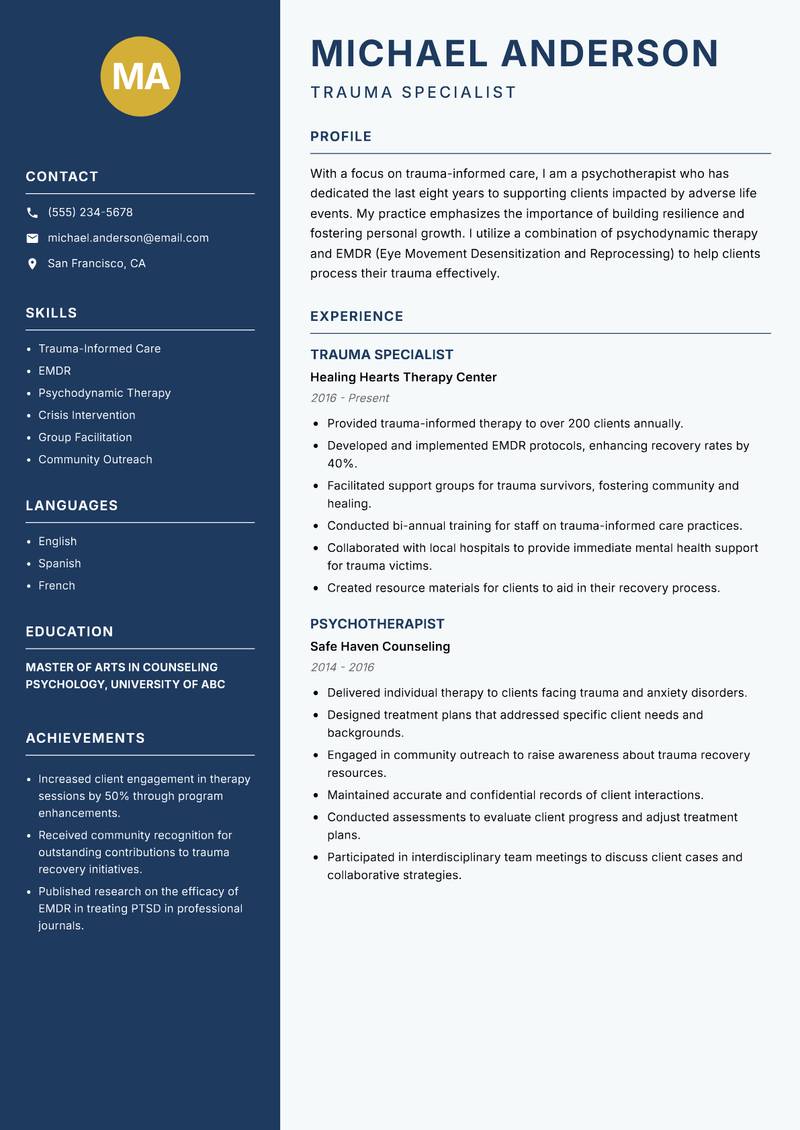 Psychotherapist resume sample — Trauma Specialist focus