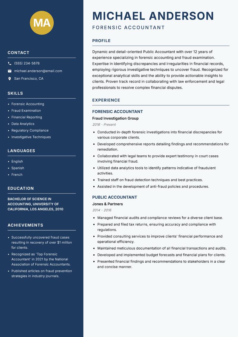 Public Accountant resume sample — Forensic Accountant focus