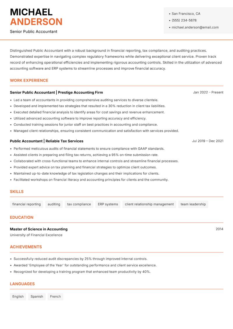 Public Accountant resume sample — Senior Public Accountant focus