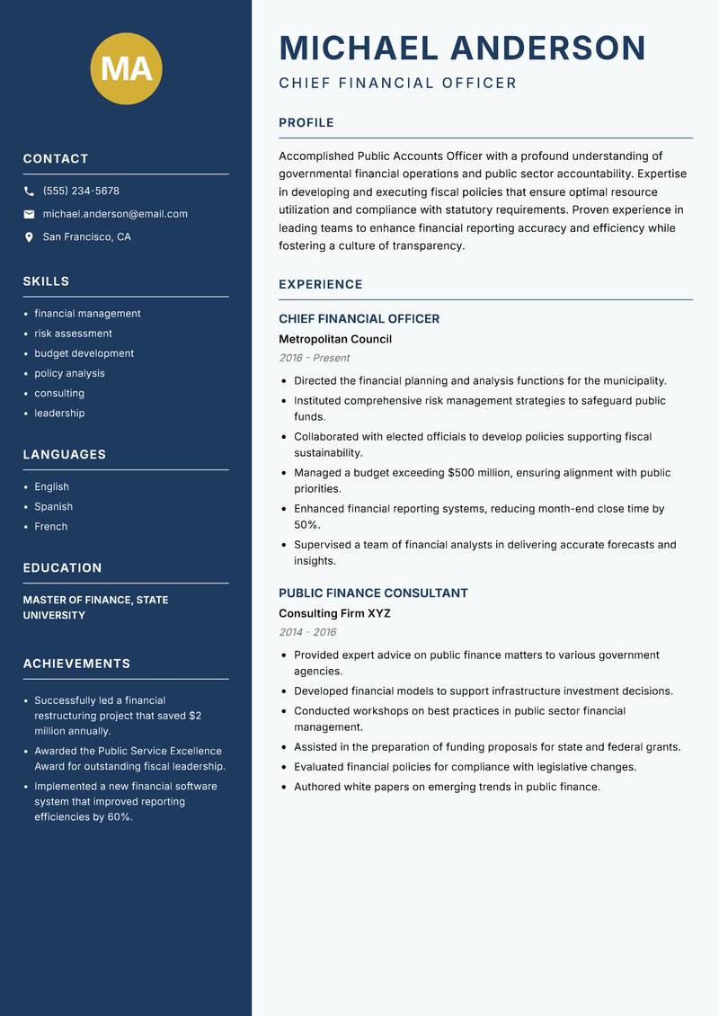 Public Accounts Officer resume sample — Chief Financial Officer focus