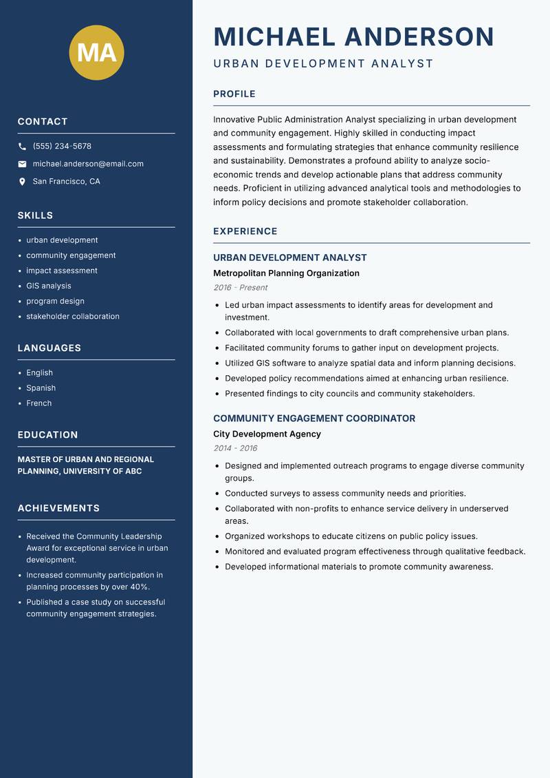 Public Administration Analyst resume sample — Urban Development Analyst focus