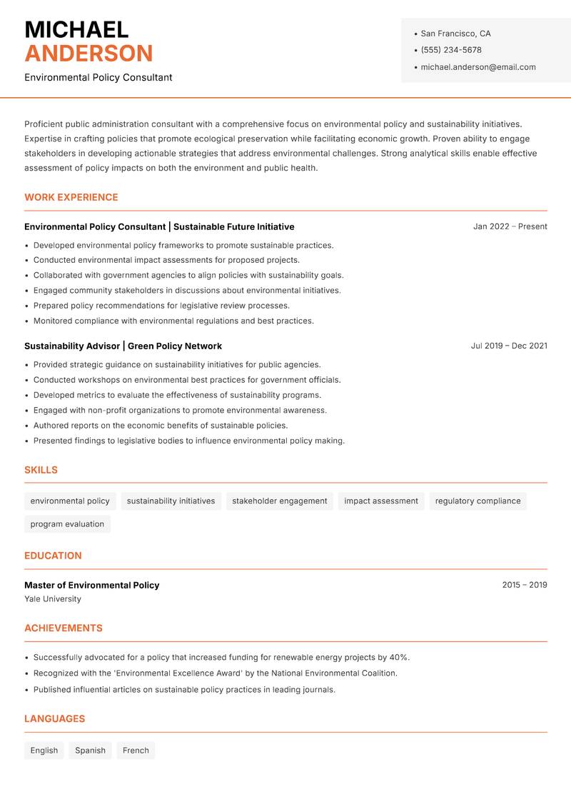 Public Administration Consultant resume sample — Environmental Policy Consultant focus