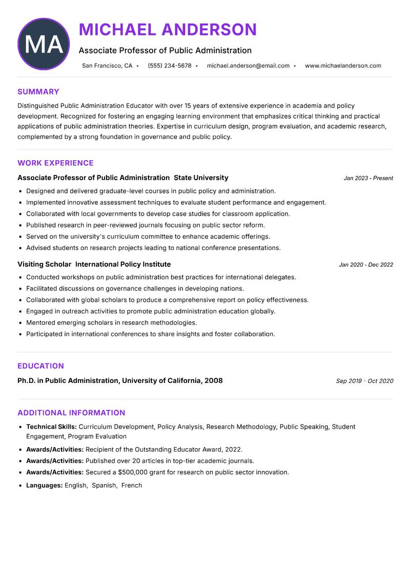 Public Administration Educator resume example