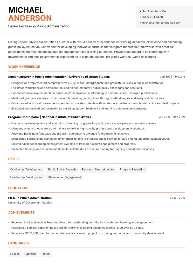 Public Administration Educator resume sample — Senior Lecturer in Public Administration focus