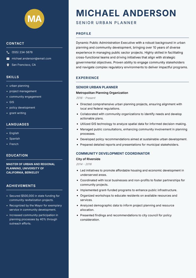 Public Administration Executive resume sample — Senior Urban Planner focus