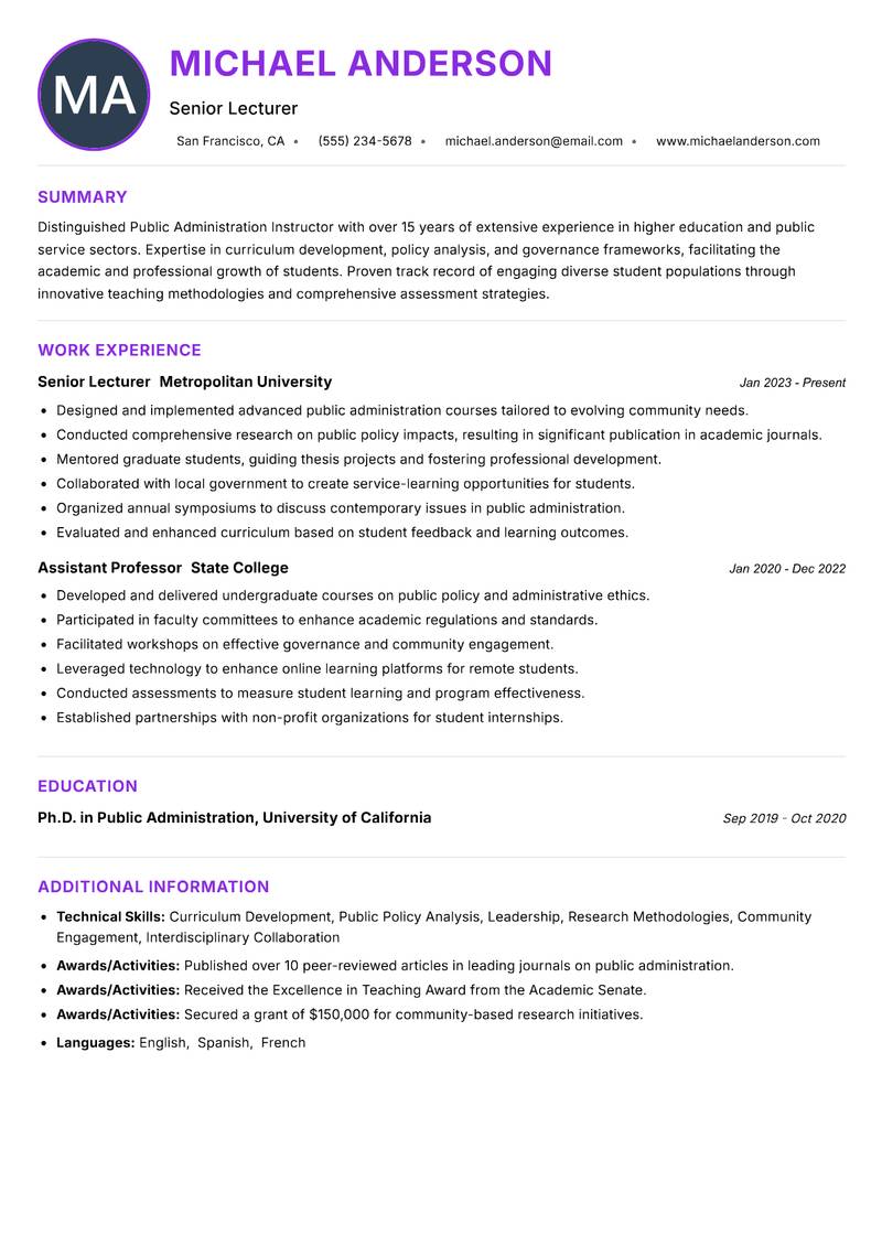 Public Administration Instructor resume example