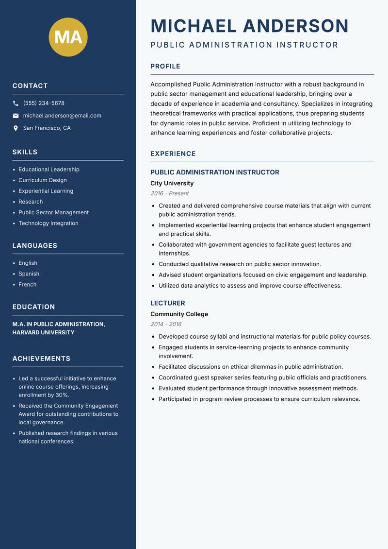 Public Administration Instructor resume sample — Public Administration Instructor focus