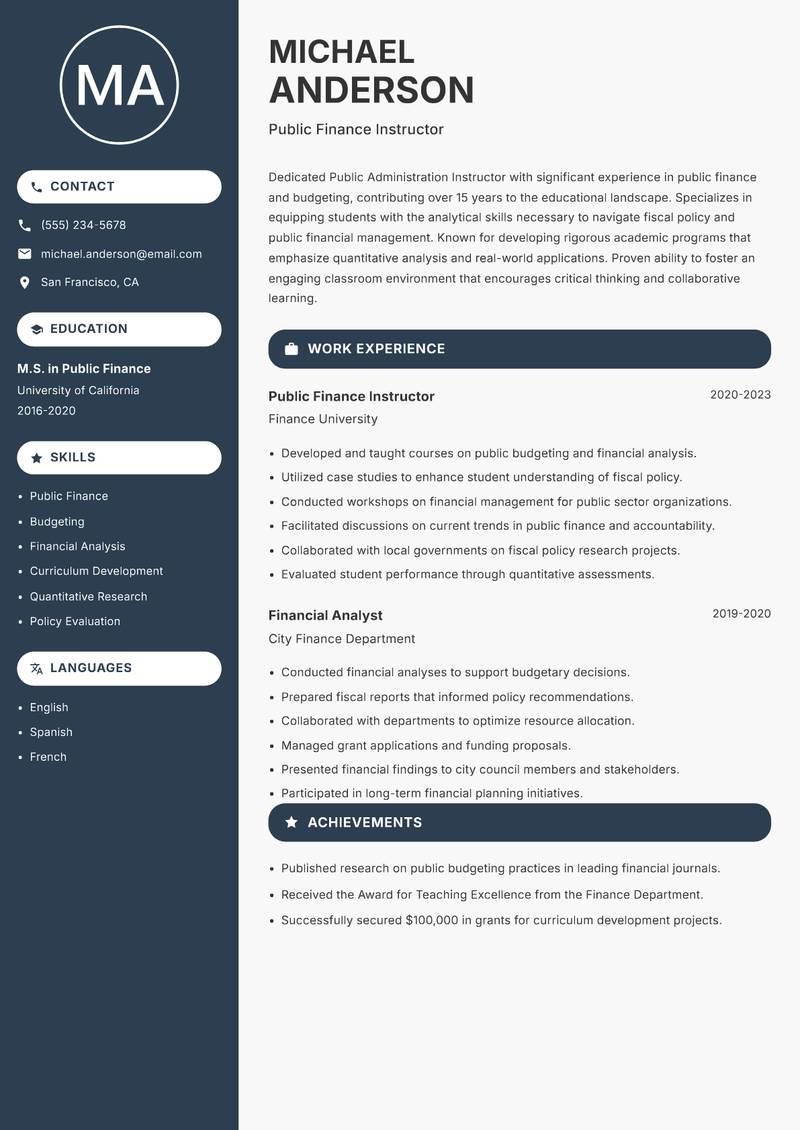 Public Administration Instructor resume sample — Public Finance Instructor focus