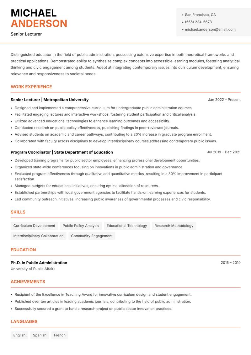 Public Administration Instructor resume sample — Senior Lecturer focus