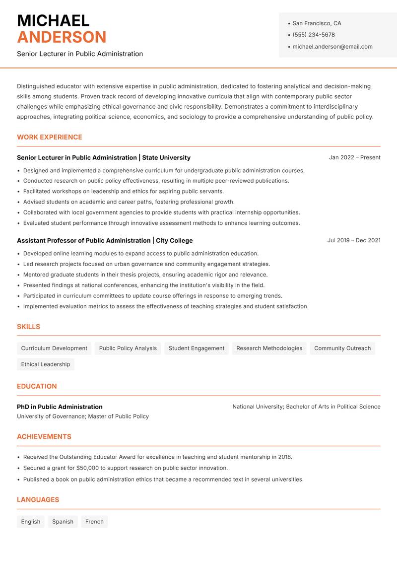 Public Administration Lecturer resume sample — Senior Lecturer in Public Administration focus