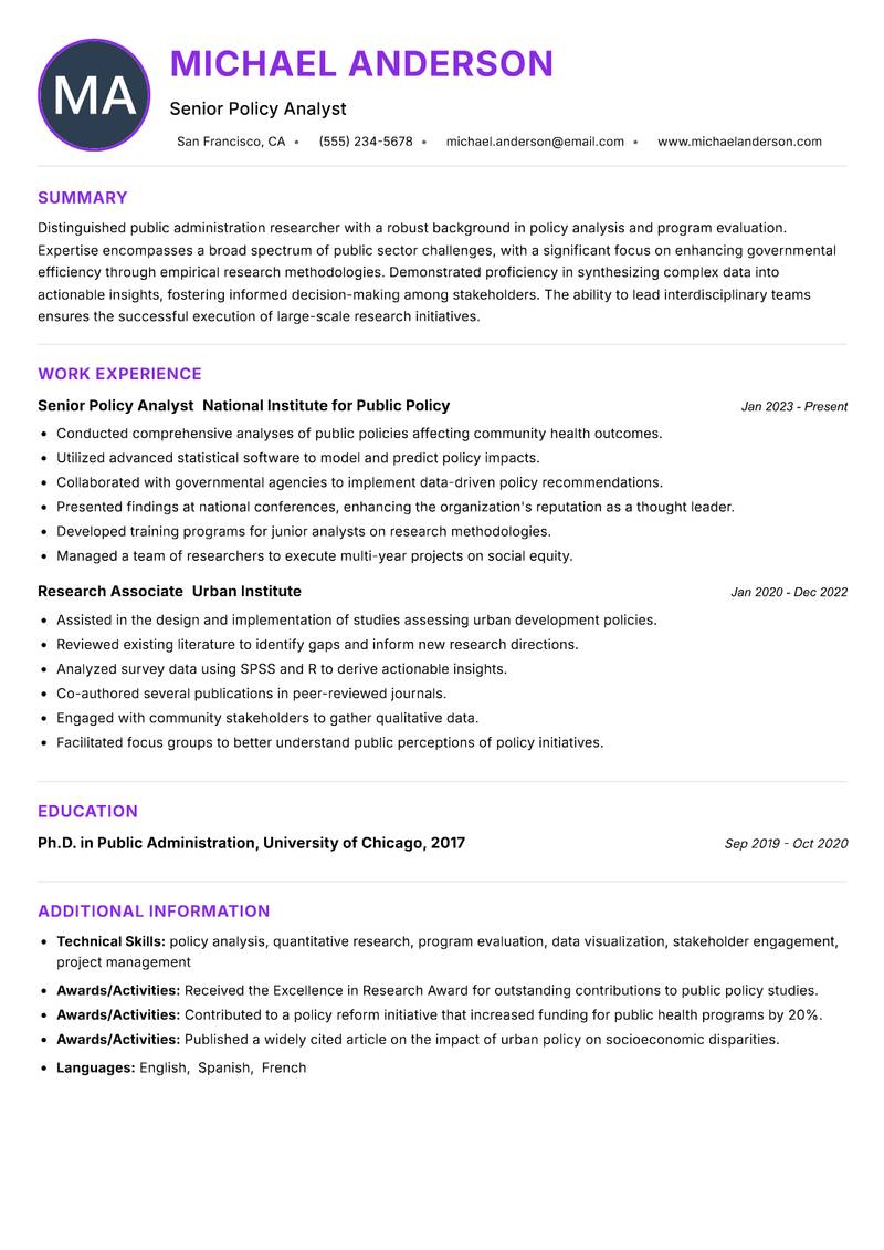 Public Administration Researcher resume example