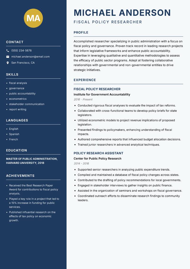 Public Administration Researcher resume sample — Fiscal Policy Researcher focus