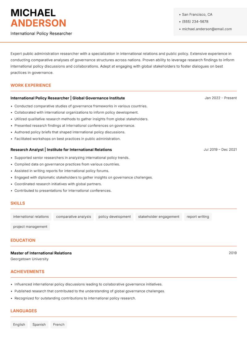 Public Administration Researcher resume sample — International Policy Researcher focus
