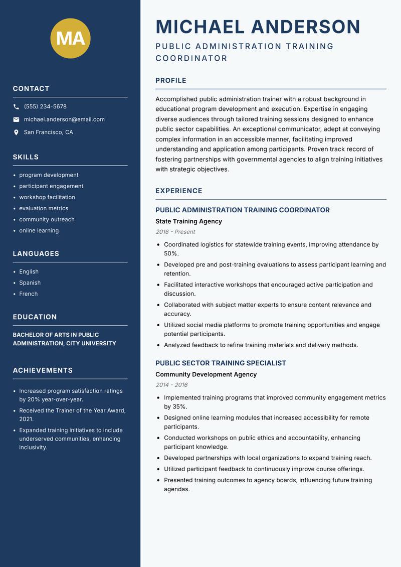 Public Administration Trainer resume sample — Public Administration Training Coordinator focus