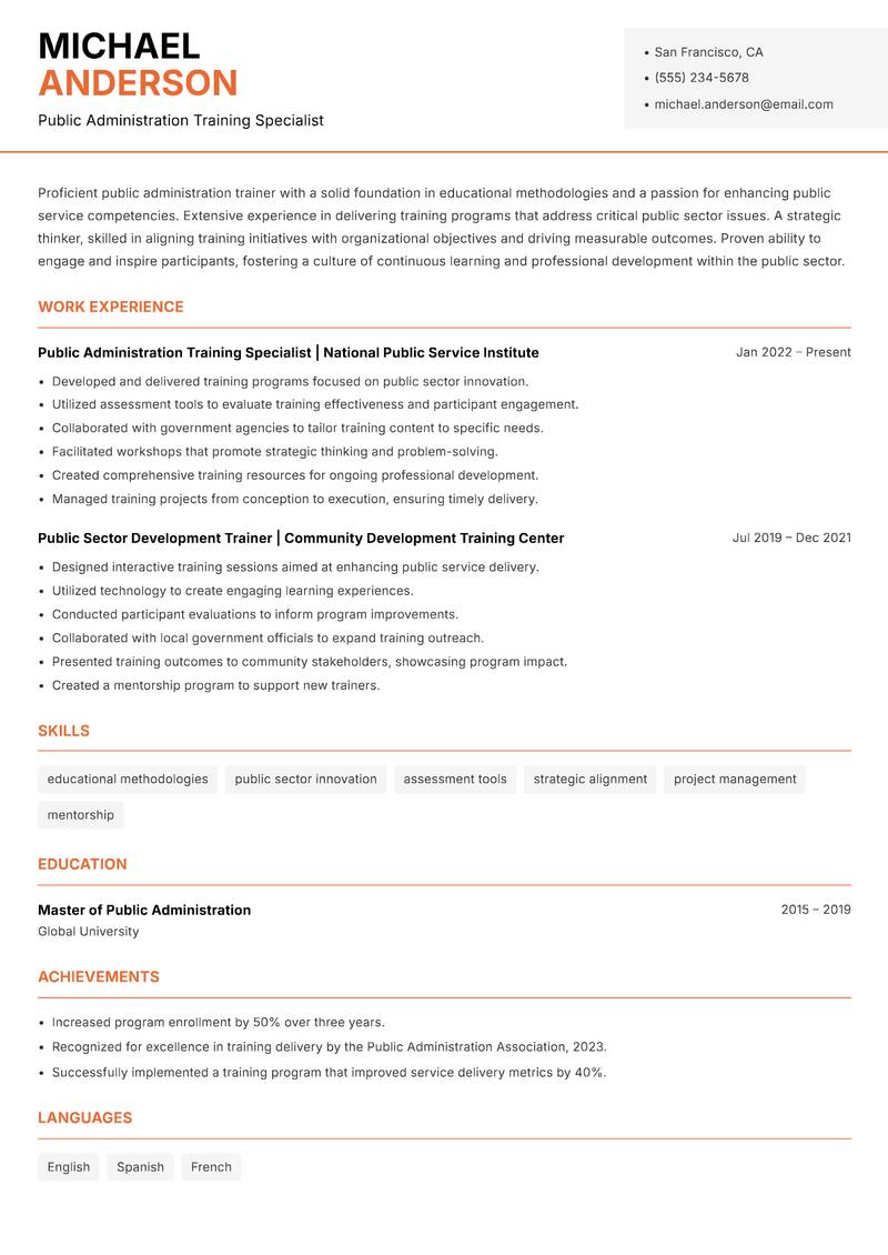 Public Administration Trainer resume sample — Public Administration Training Specialist focus