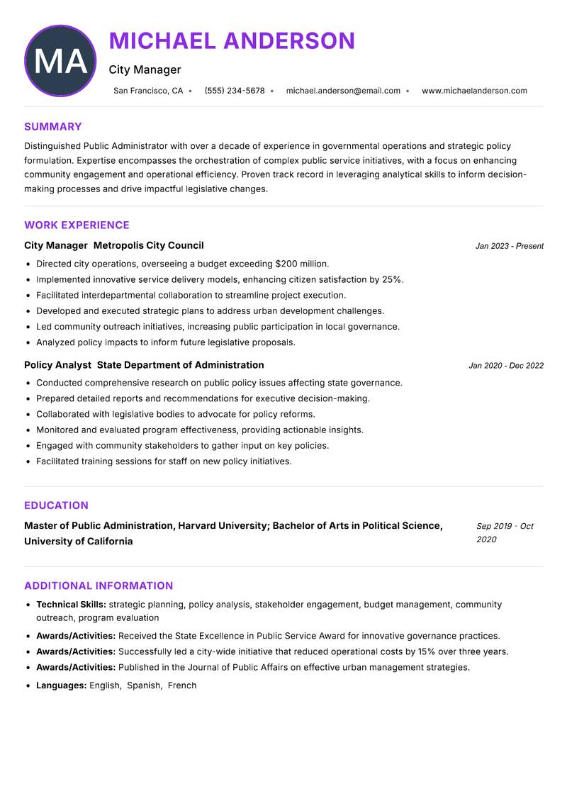 Public Administrator resume example