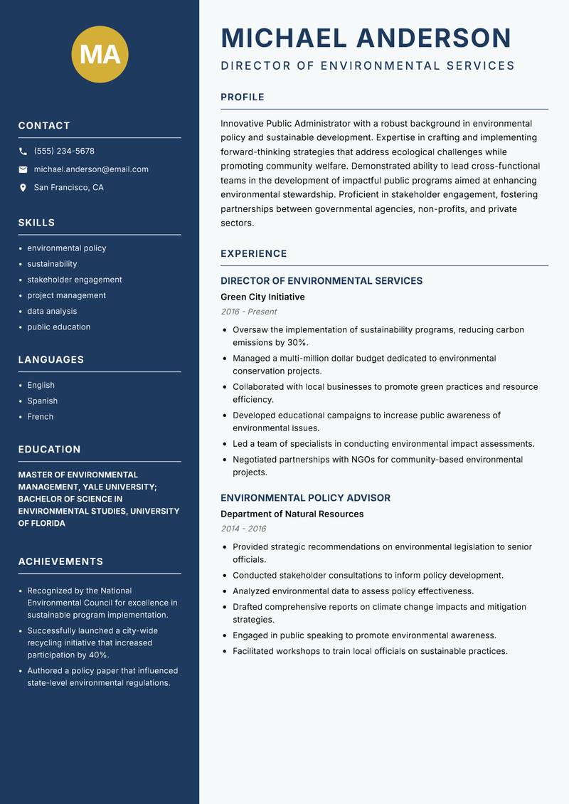 Public Administrator resume sample — Director of Environmental Services focus