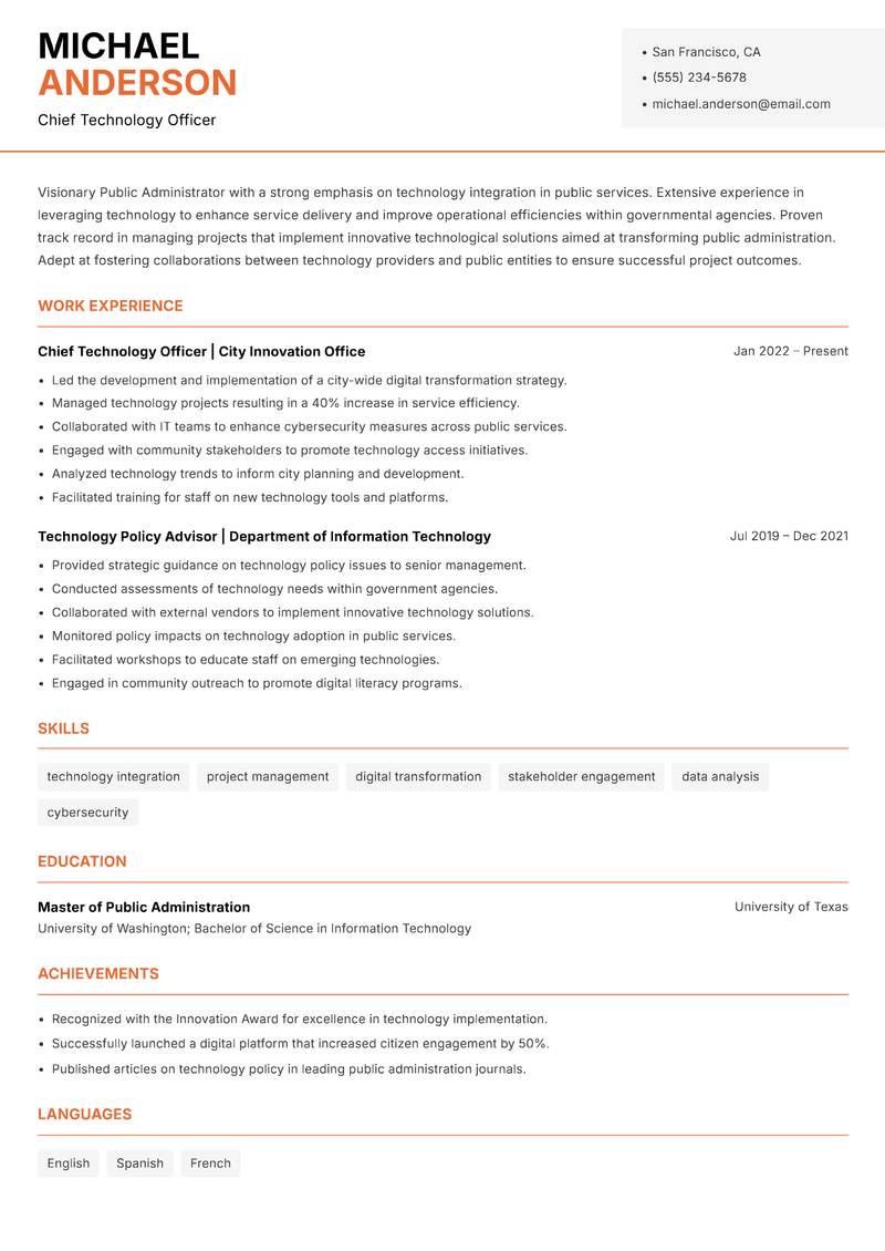 Public Administrator resume sample — Chief Technology Officer focus