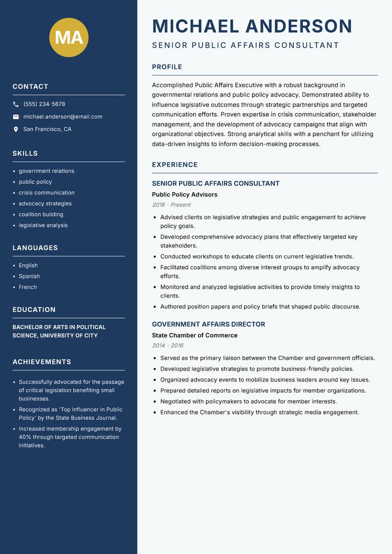 Public Affairs Executive resume sample — Senior Public Affairs Consultant focus