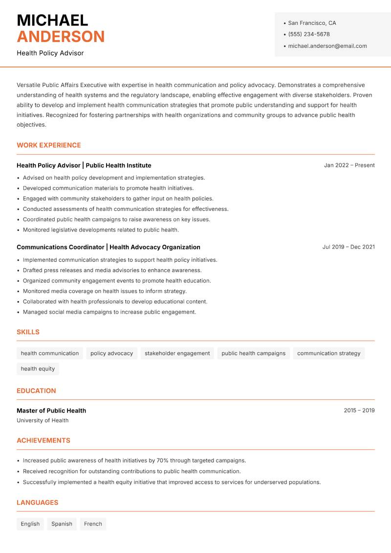 Public Affairs Executive resume sample — Health Policy Advisor focus