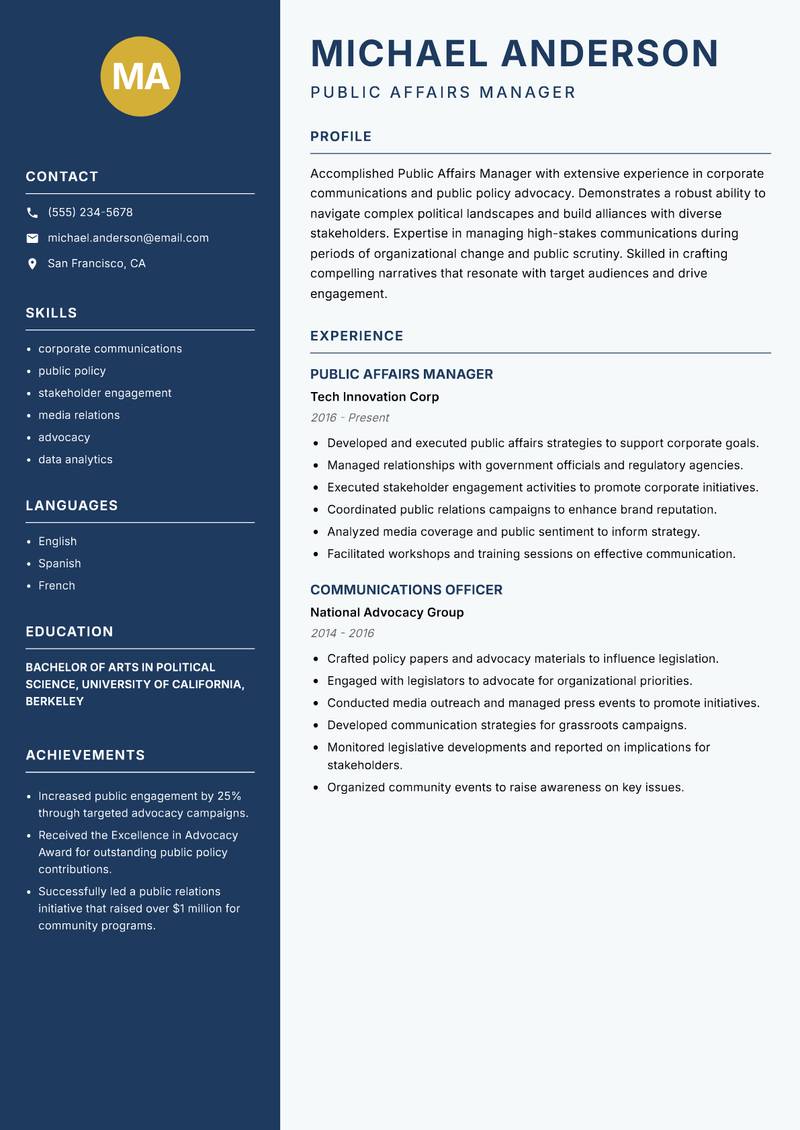 Public Affairs Manager resume sample — Public Affairs Manager focus