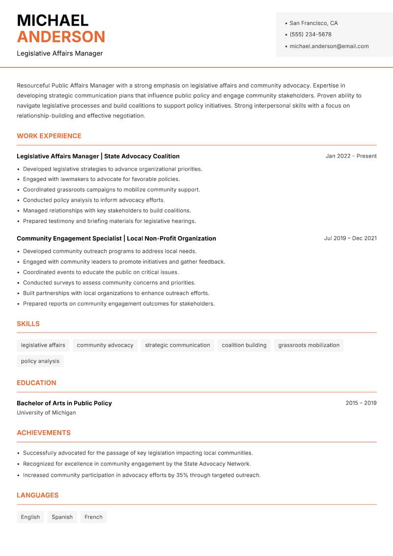 Public Affairs Manager resume sample — Legislative Affairs Manager focus