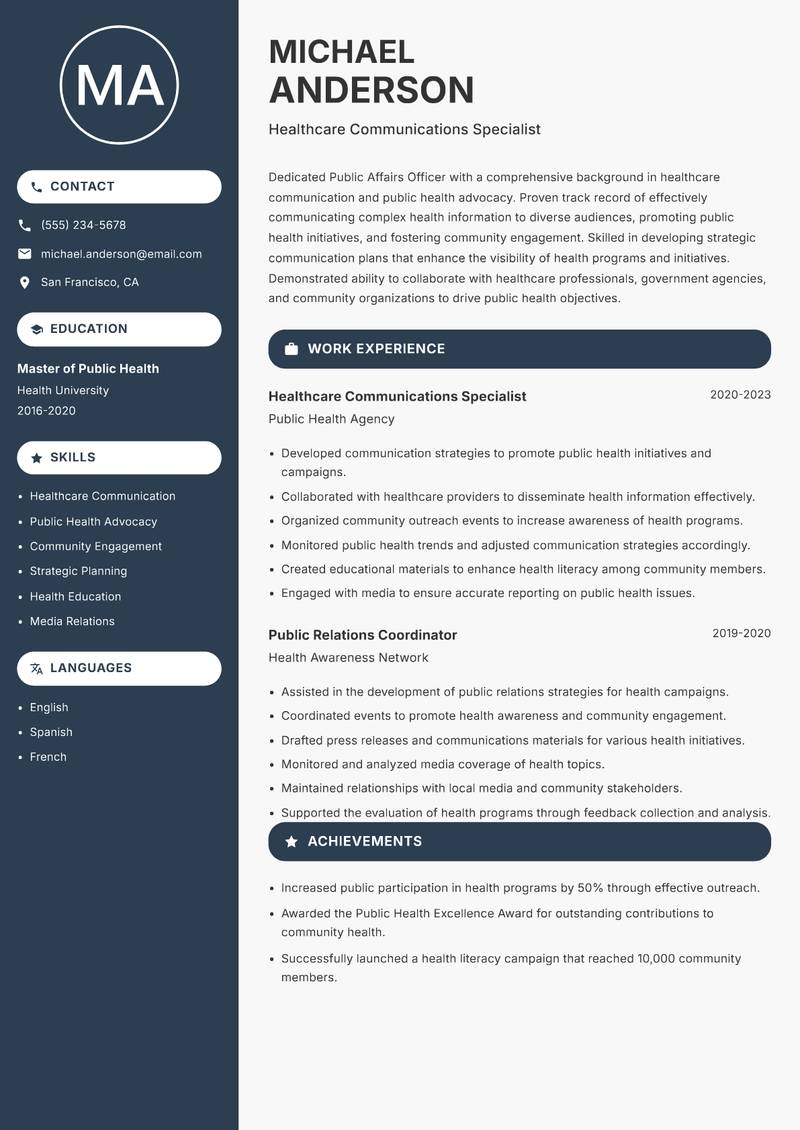 Public Affairs Officer resume sample — Healthcare Communications Specialist focus