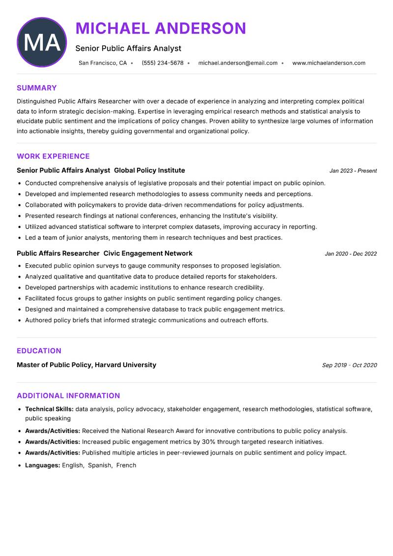 Public Affairs Researcher resume example