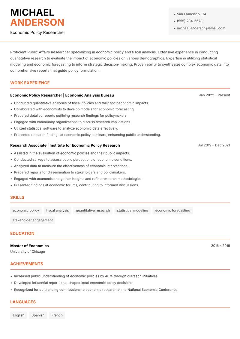 Public Affairs Researcher resume sample — Economic Policy Researcher focus