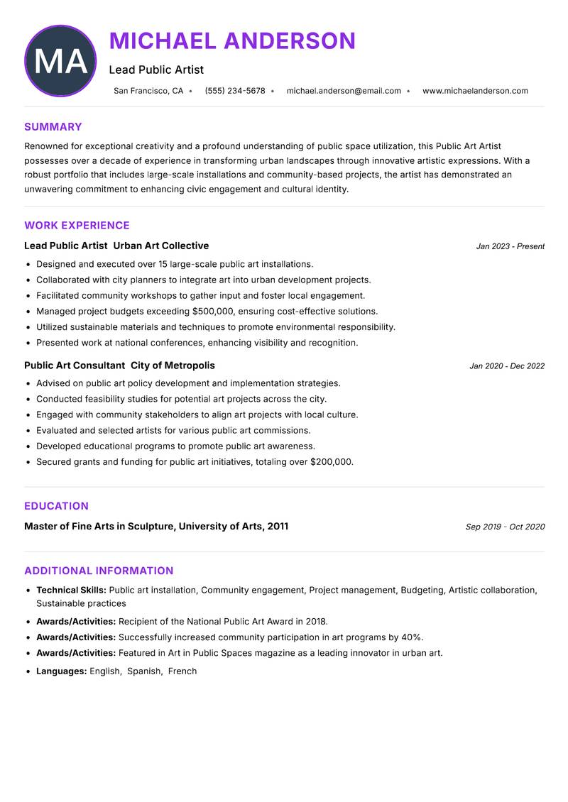 Public Art Artist resume example
