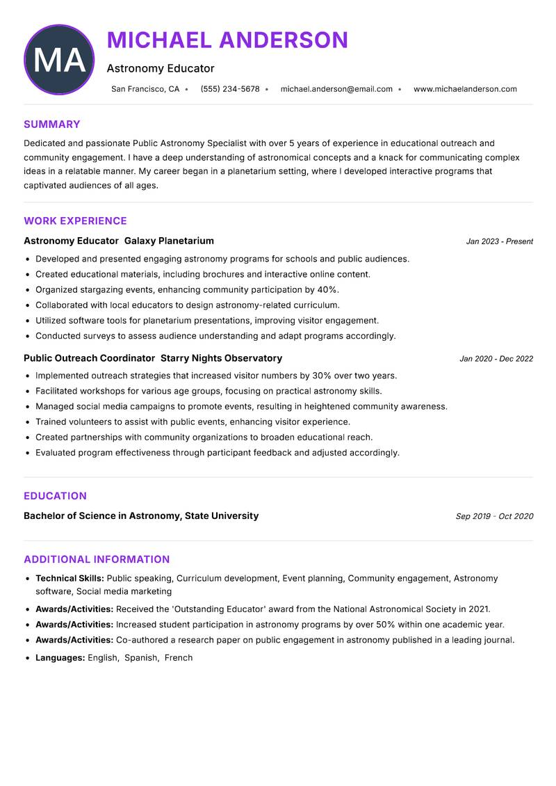Public Astronomy Specialist resume example