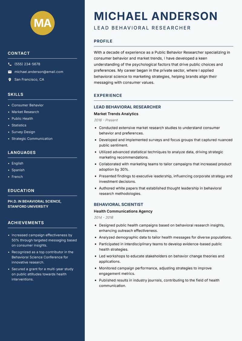 Public Behavior Researcher resume sample — Lead Behavioral Researcher focus