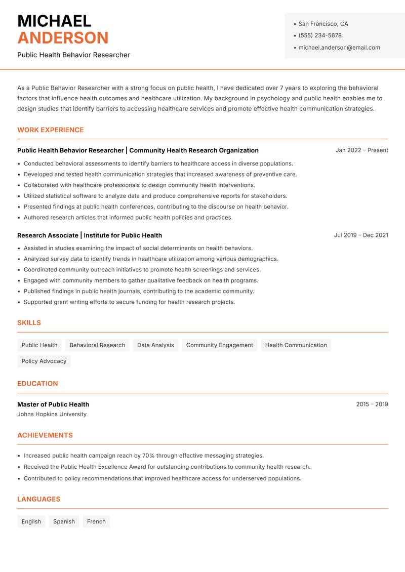 Public Behavior Researcher resume sample — Public Health Behavior Researcher focus