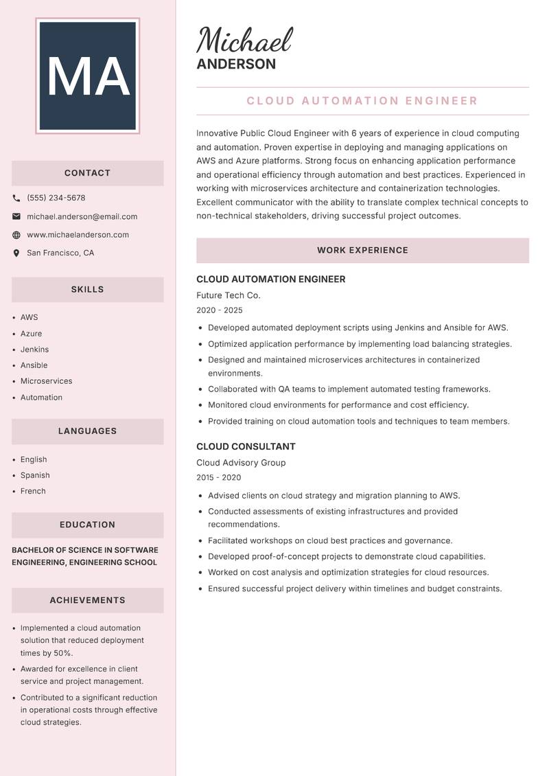 Public Cloud Engineer resume sample — Cloud Automation Engineer focus