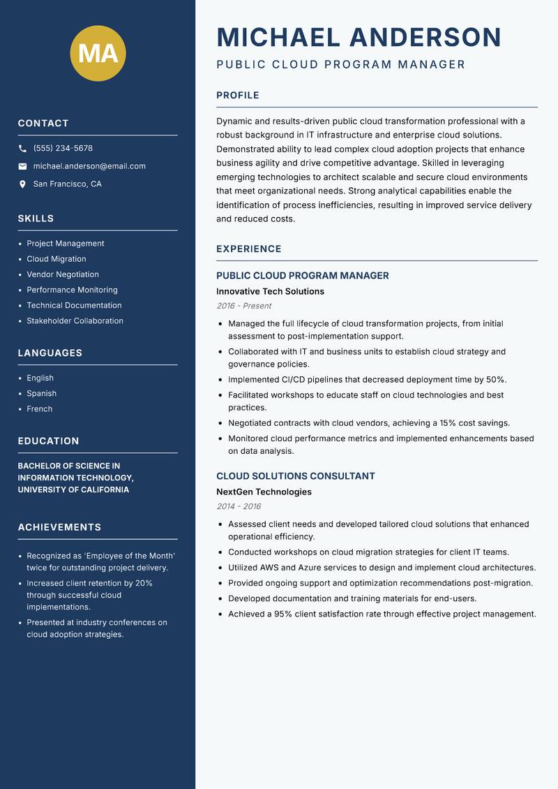Public Cloud Transformation Lead resume sample — Public Cloud Program Manager focus