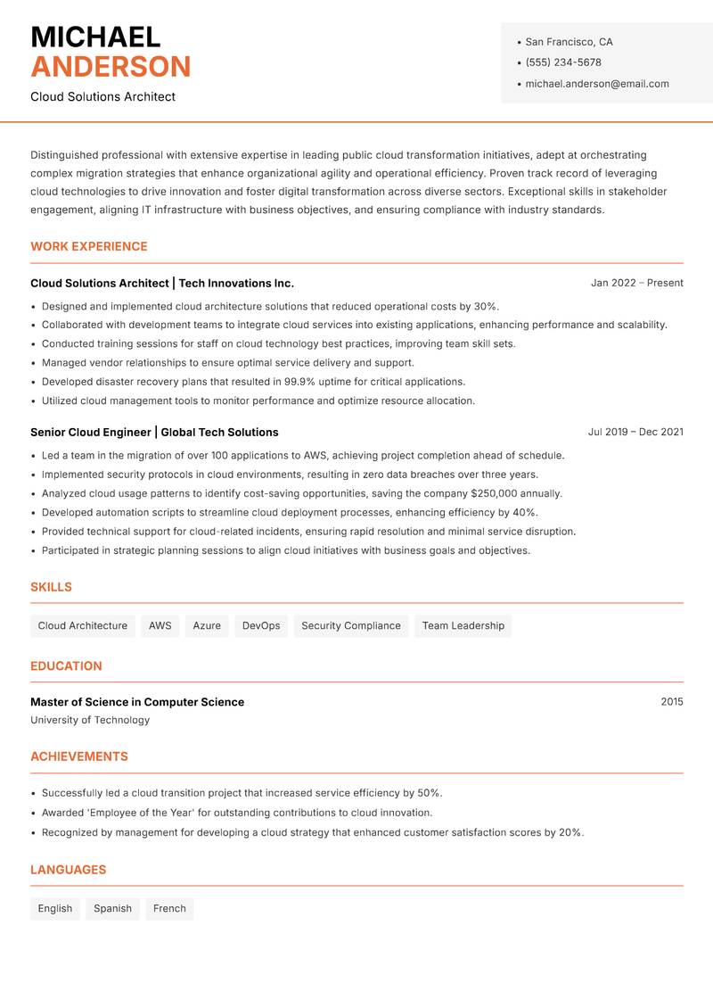 Public Cloud Transformation Lead resume sample — Cloud Solutions Architect focus
