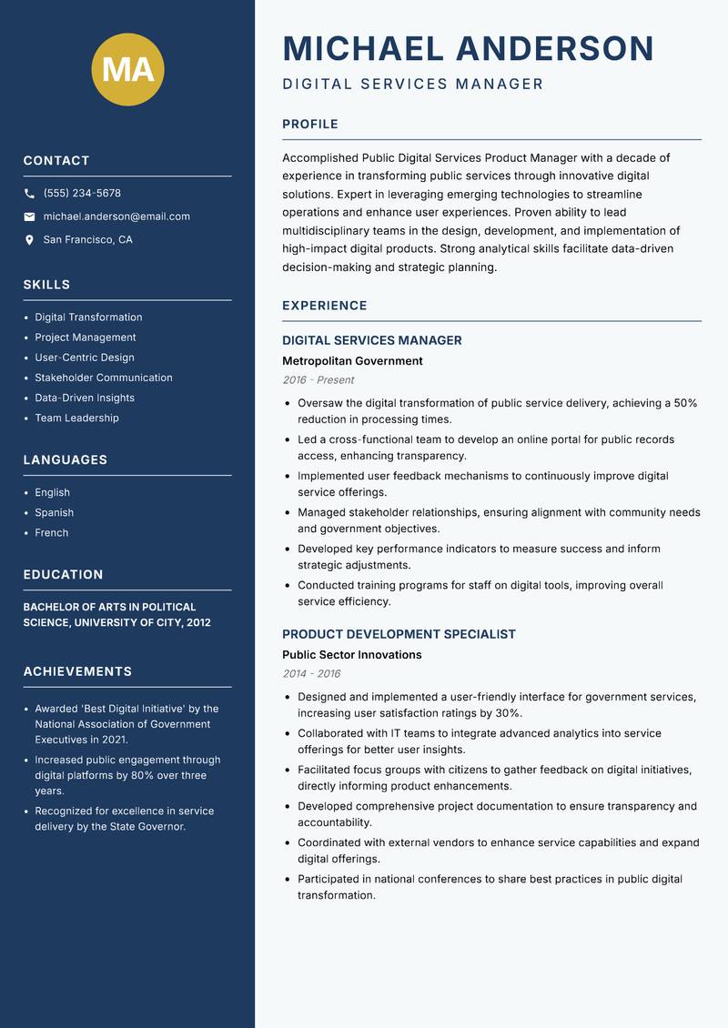 Public Digital Services Product Manager resume sample — Digital Services Manager focus