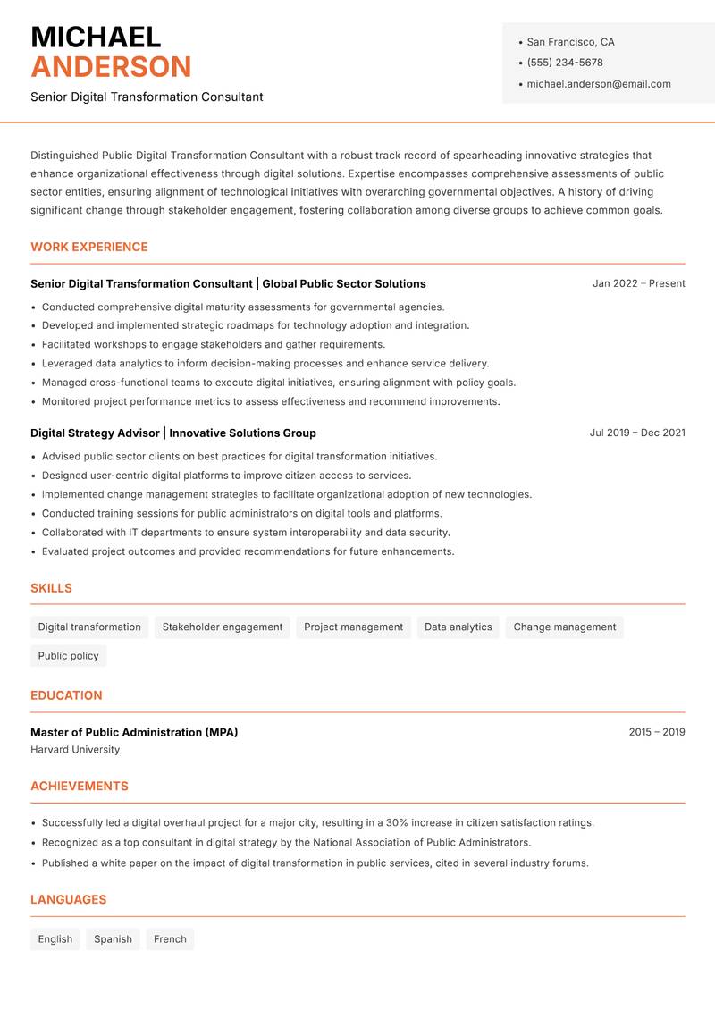 Public Digital Transformation Consultant resume sample — Senior Digital Transformation Consultant focus