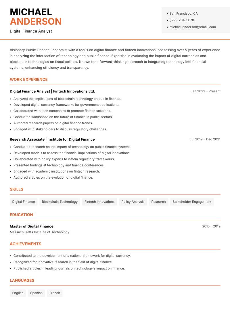 Public Finance Economist resume sample — Digital Finance Analyst focus