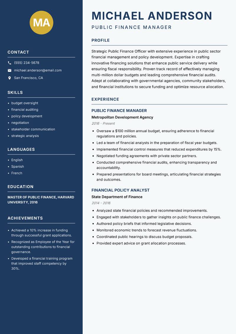 Public Finance Officer resume sample — Public Finance Manager focus