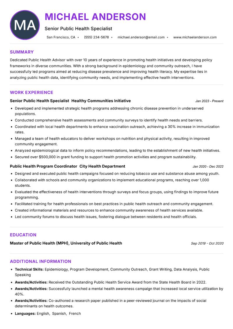 Public Health Advisor resume example