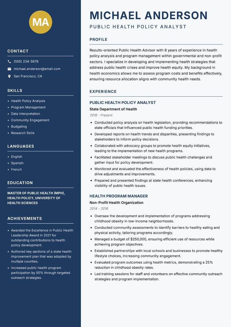 Public Health Advisor resume sample — Public Health Policy Analyst focus