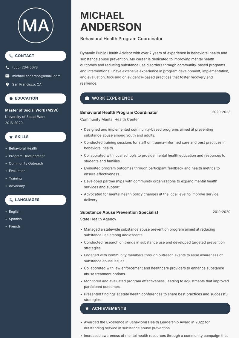 Public Health Advisor resume sample — Behavioral Health Program Coordinator focus