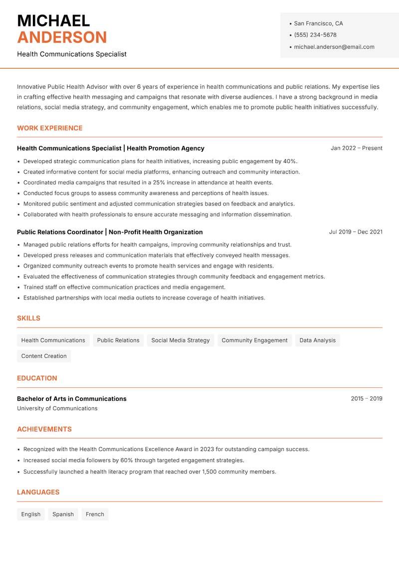 Public Health Advisor resume sample — Health Communications Specialist focus