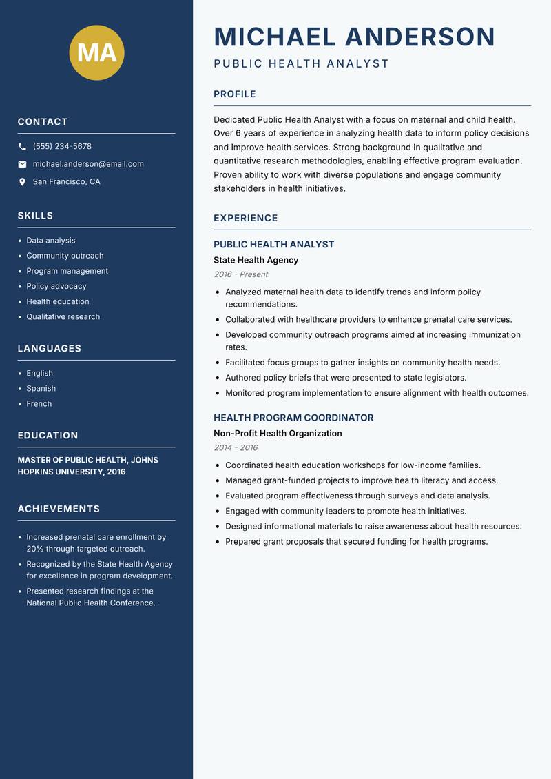 Public Health Analyst resume sample — Public Health Analyst focus
