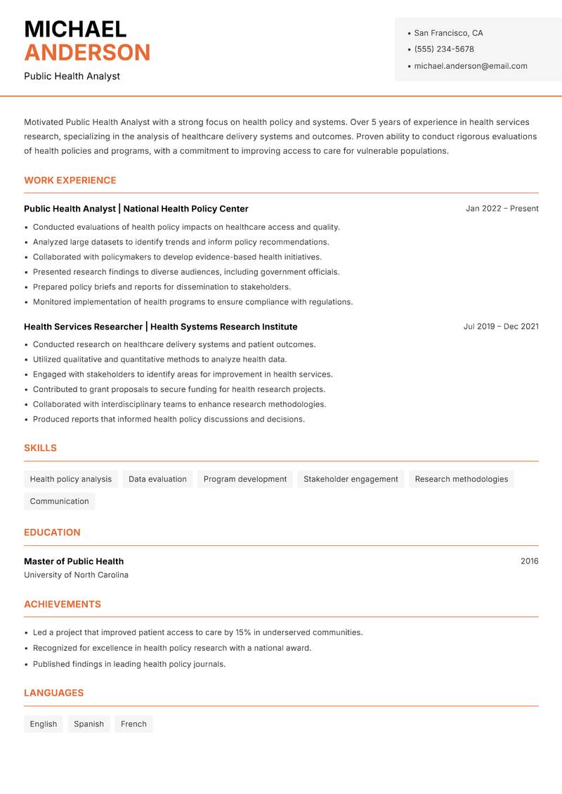 Public Health Analyst resume sample — Public Health Analyst focus