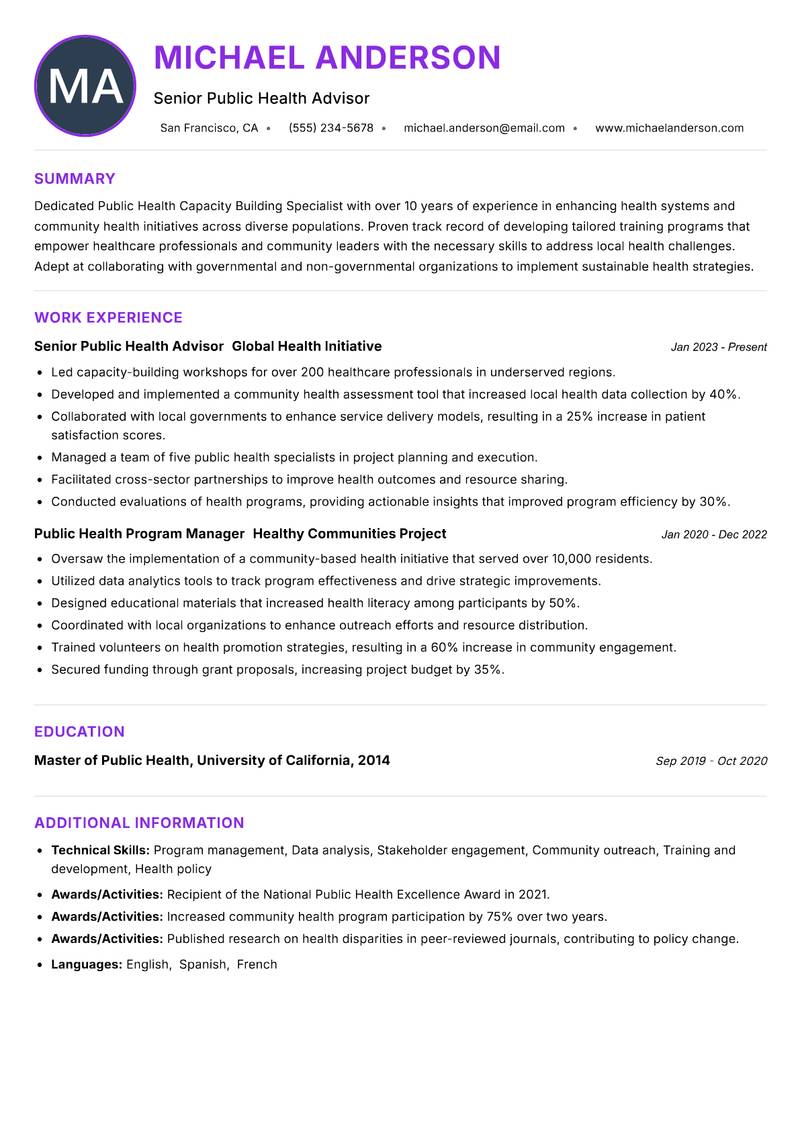 Public Health Capacity Building Specialist resume example