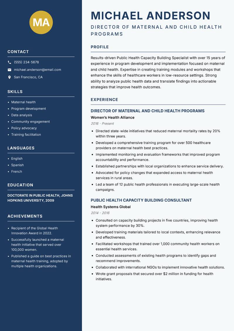 Public Health Capacity Building Specialist resume sample — Director of Maternal and Child Health Programs focus