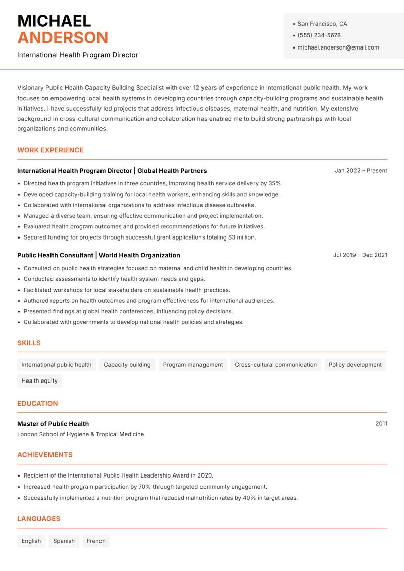 Public Health Capacity Building Specialist resume sample — International Health Program Director focus