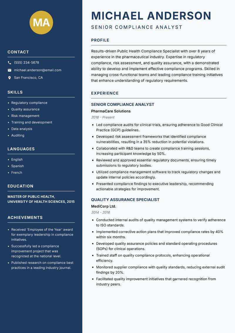 Public Health Compliance Specialist resume sample — Senior Compliance Analyst focus